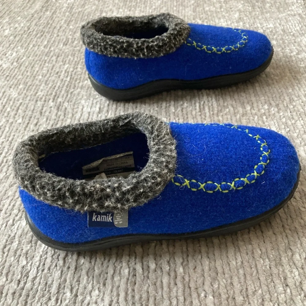 Kamik Kids Wool Slippers Size 12 Blue Gray Cabin Cozy Rubber Sole‎